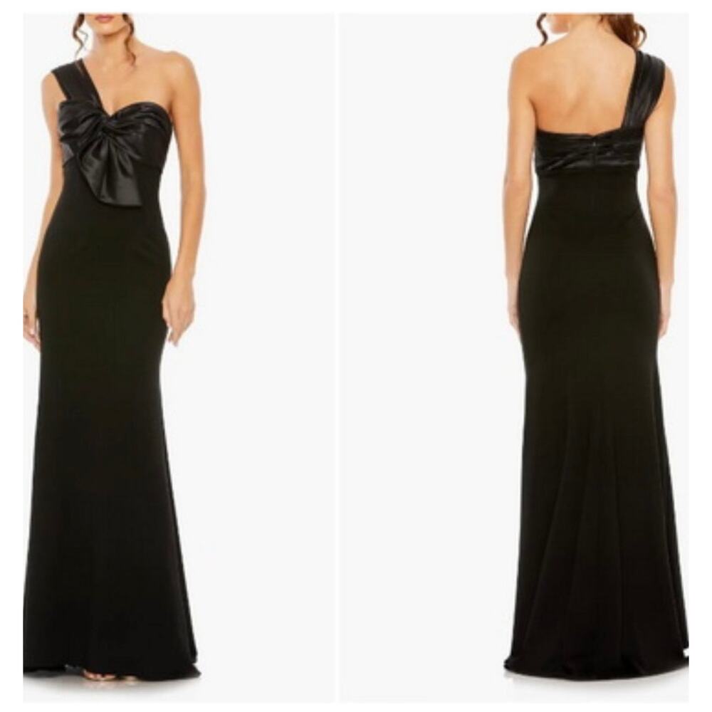 Mac Duggal Black One-Shoulder Midi Dress with Bow Accent